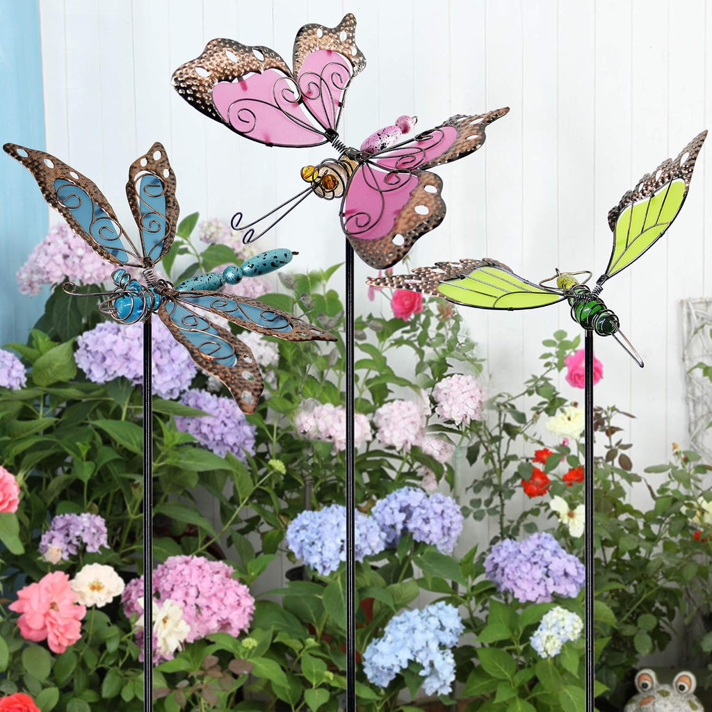 Juegoal 34 Inch Butterfly Garden Stakes Decor, Dragonfly Hummingbird Stakes, Glow in Dark Metal Yard Art for Mom