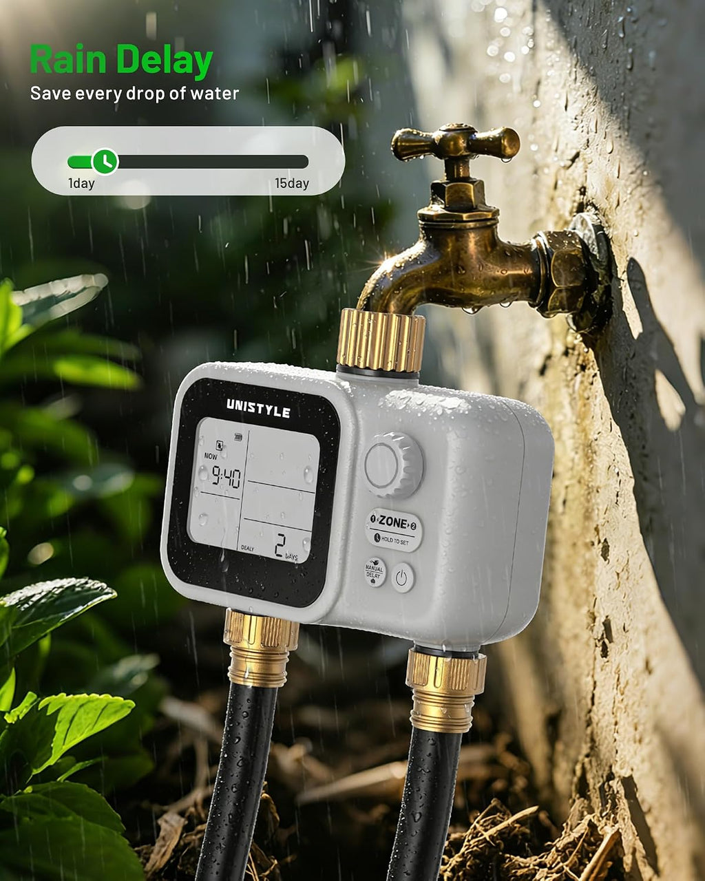 [All-New 2027] 2 Zone Ball Valve Sprinkler Timer Brass Inlet, Low-Pressure Starts at Zero Pressure, Unistyle Water