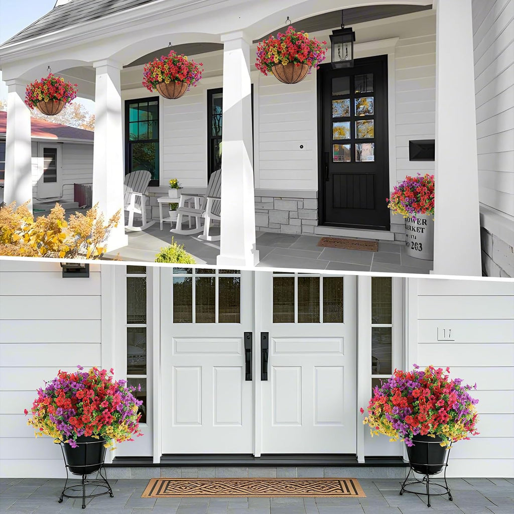 Hananona 2 Set Artificial Outdoor Flowers with Hanging Basket, 2 Hanging Planters with 24 Pcs Flowers for Spring Summer