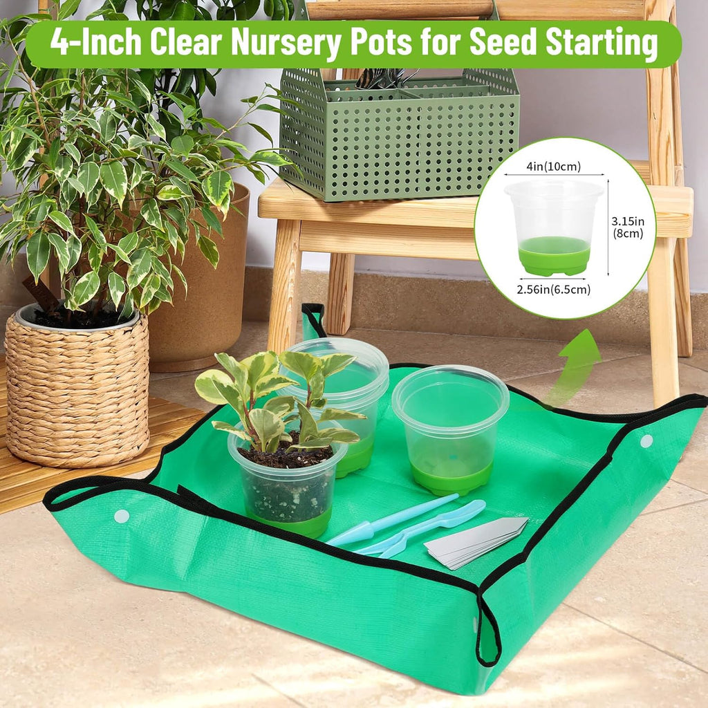 Caffox 57PCS Reusable Seed Starter Kit Includes 26 Packs 4" Clear Nursery Pots with Silicone Base, Repotting Mat