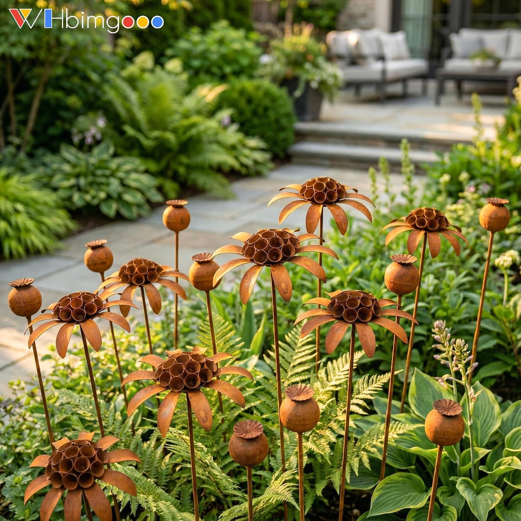 Metal Flowers - 30inch Rusty Metal Outdoor Garden Flowers Yard Art Stakes | Metal Yard Art & Metal Garden Stakes