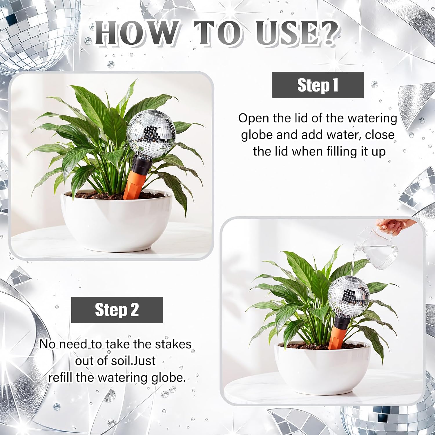 Pangda 2 Pack Disco Self Watering Spikes 15oz Plant Watering Globes with Disco Ball Decor Slow Release Vacation Insert
