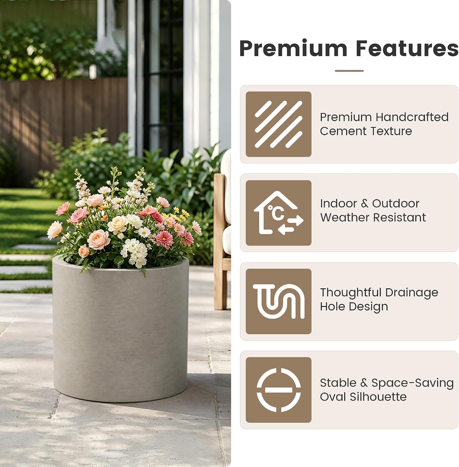 Kante Accent Round Cylinder Weathered Concrete Planter 12.6" Tall, Outdoor | Rubber Plug for Indoor, Drainage for
