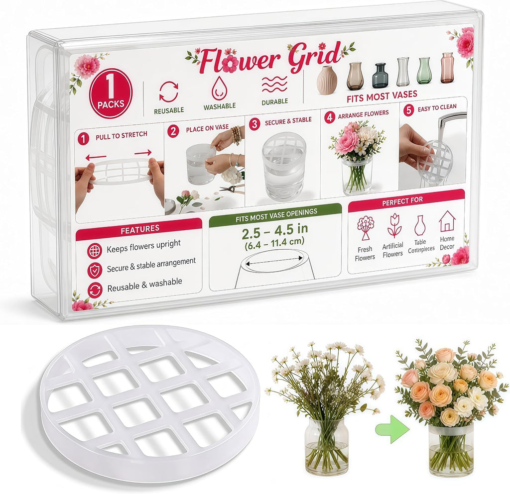 Flower Grid Silicone Vase Stem Organizer, 1 Pack, 3.2 Inch for Medium Vase