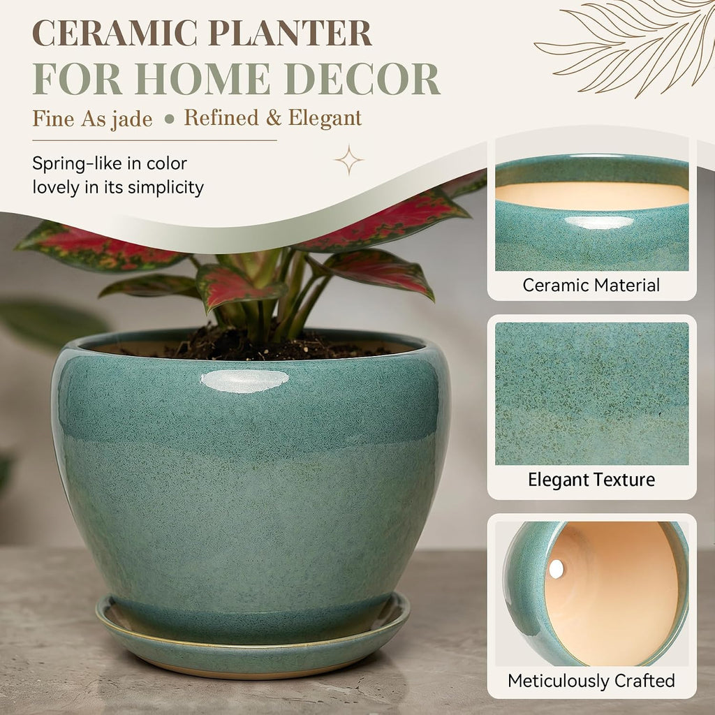 7.5 Inch Ceramic Plant Pot with Drainage Hole Mesh Net,Modern Gardening Pots for Indoor Plants with Saucer, Blue-Green
