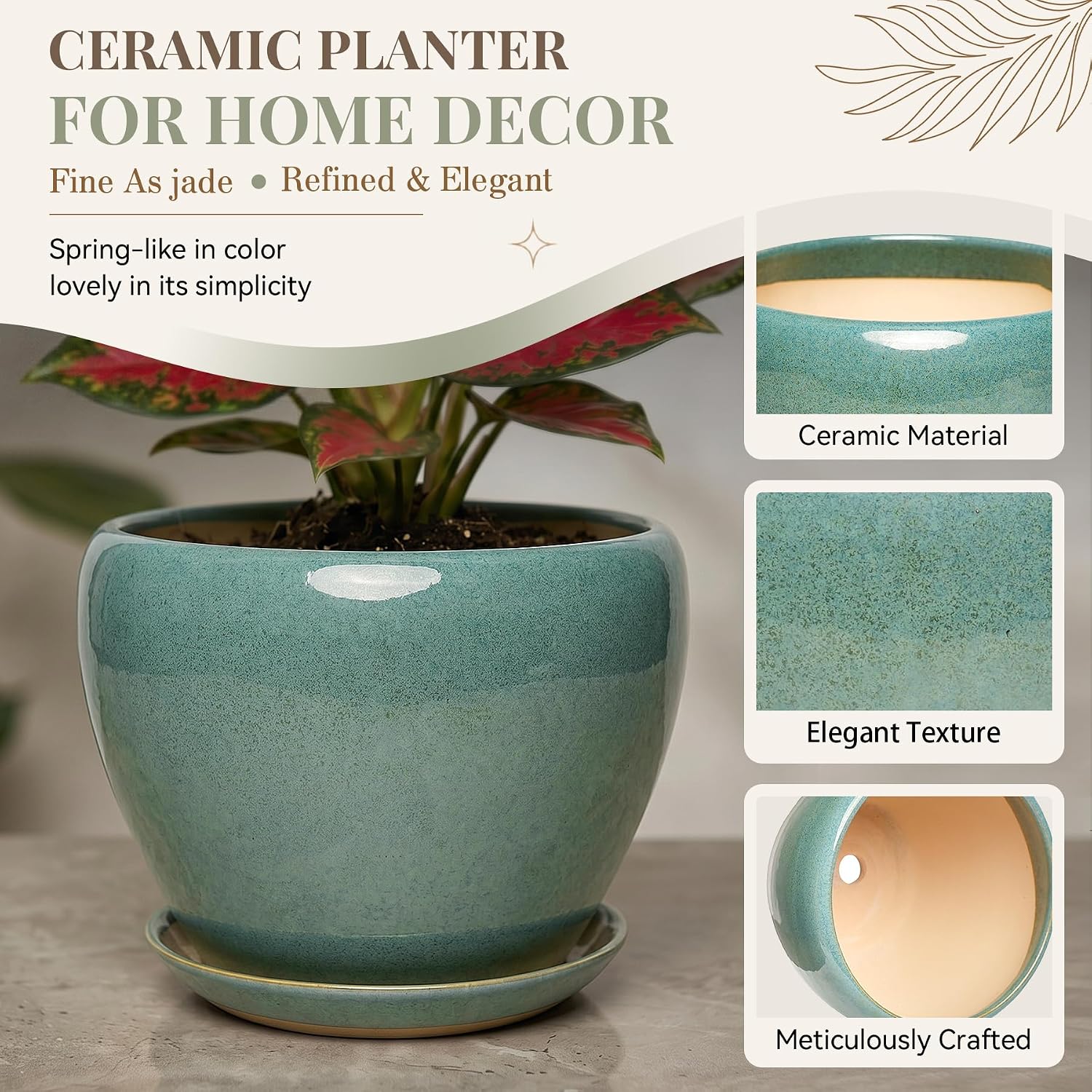 7.5 Inch Ceramic Plant Pot with Drainage Hole Mesh Net,Modern Gardening Pots for Indoor Plants with Saucer, Blue-Green