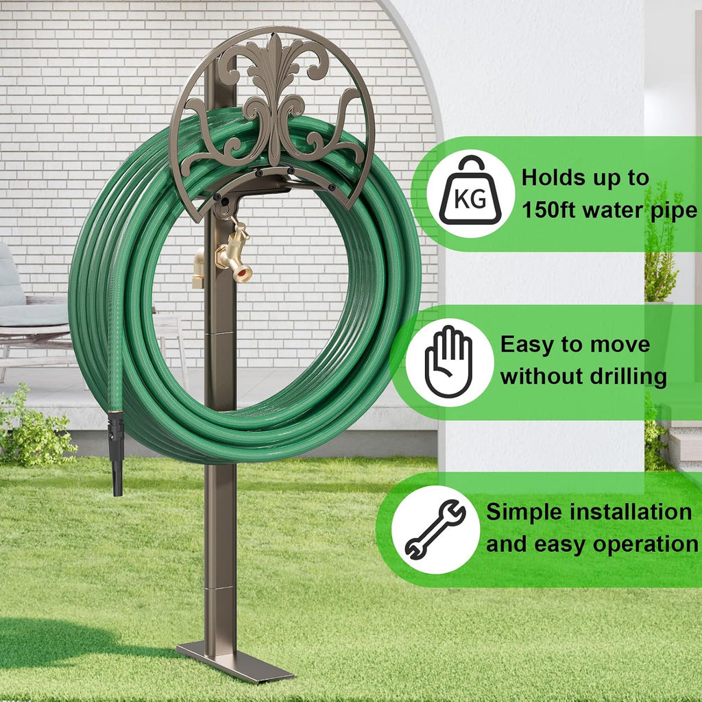 GOFORWILD Hose Stand with Brass Faucet, Holds 150 ft 5/8-in Hose | Detachable Heavy Duty Water Hose Holder