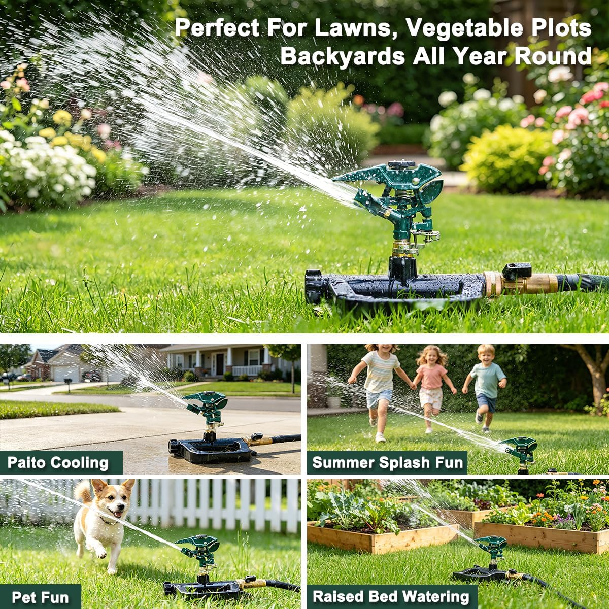 FANHAO Heavy Duty 360 Degree Pulsating Impact Sprinkler, Adjustable Lawn Sprinkler with Metal Base, Covers Up to 5,800