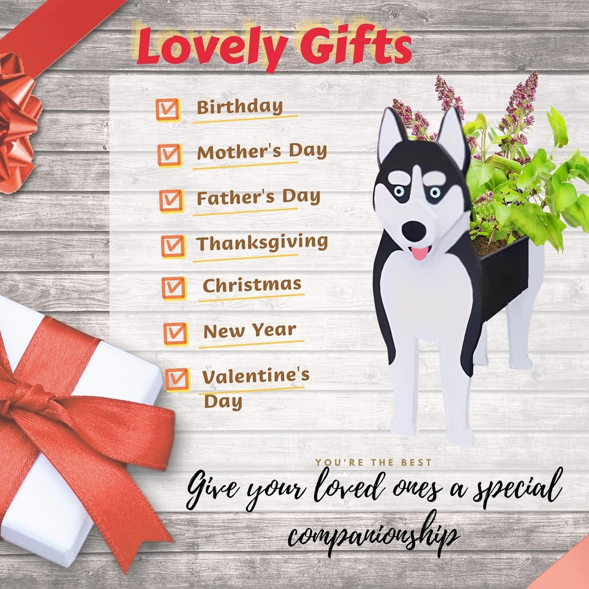 Siberian Husky Dog Planter Pots, Animal Shaped Flower Pot | Large Cute Plant Gift for Women and Pet Lovers, Indoor