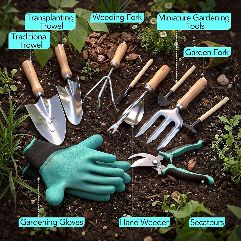 Bluemars Gardening Hand Tool Kit 14PCS Heavy Duty Stainless Steel Garden Tool Set with Floral Garden Tote -Outdoor