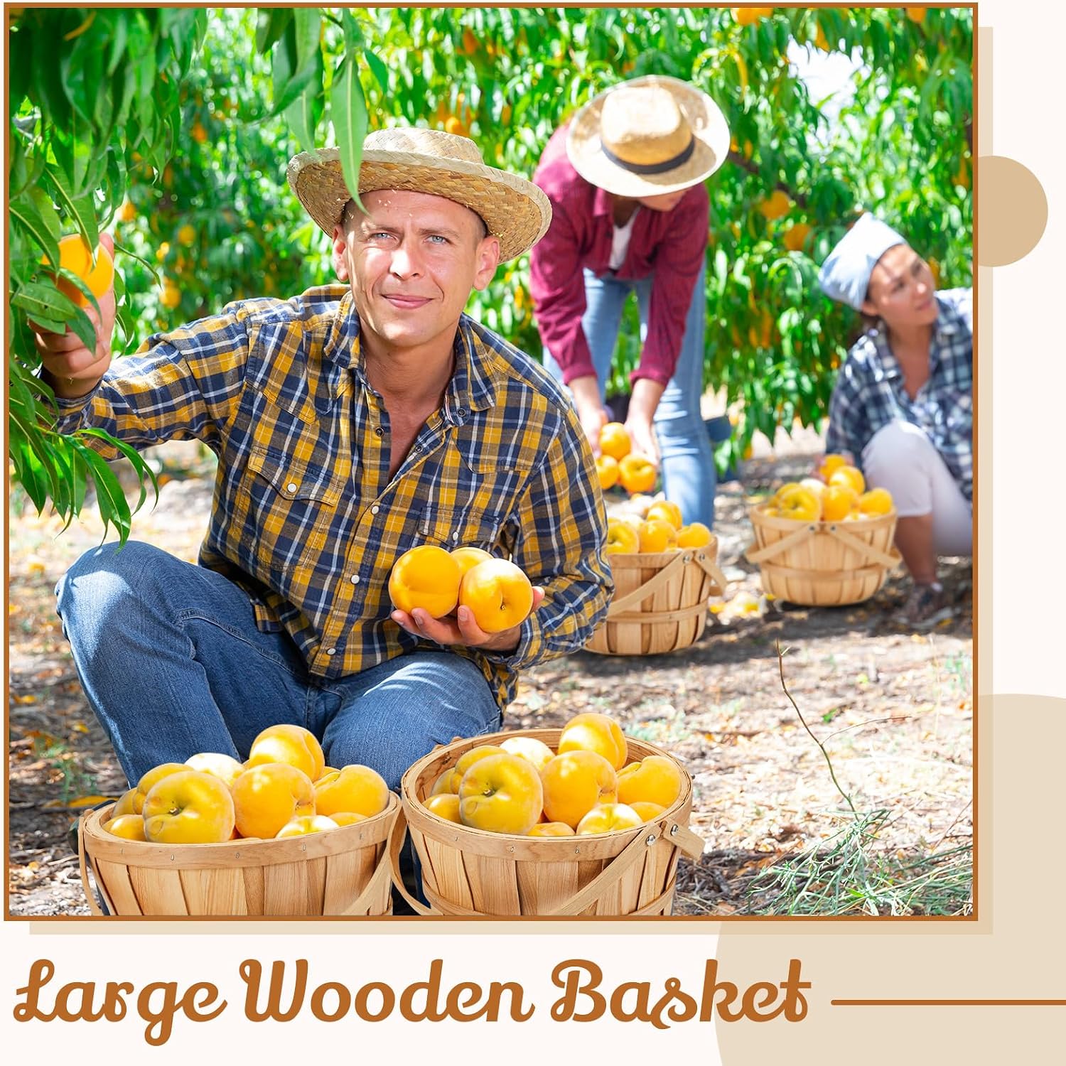 Marsui 10 Pcs Large Wooden Apple Basket 11 x 6.5'' Round Wicker Bushel Baskets with Handle, Farmers Market Basket for