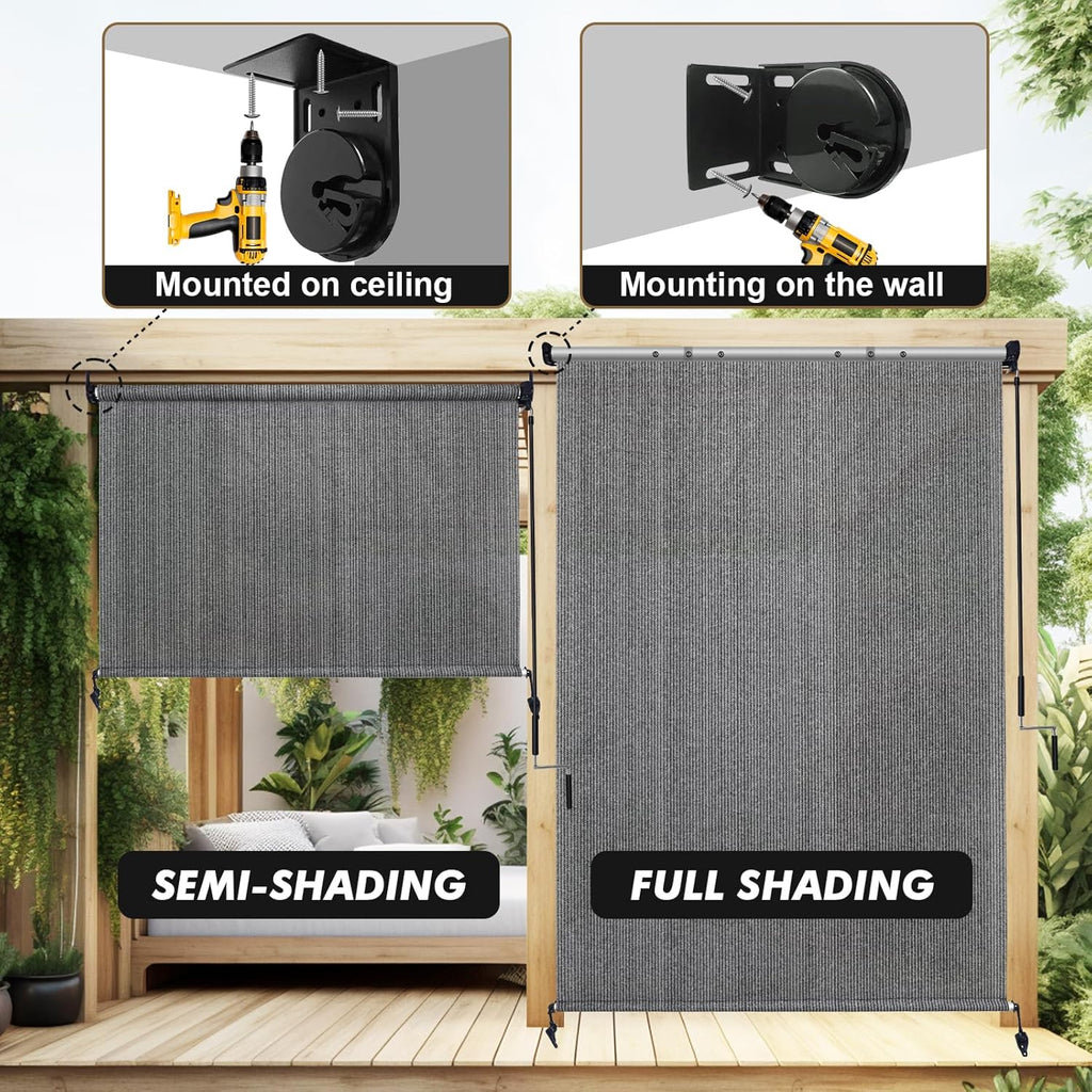 Outdoor Roller Shade 8' W x 8' H, Gray Exterior Cordless Patio Shades Roll Up Blinds with Spliced Pole Design, (2