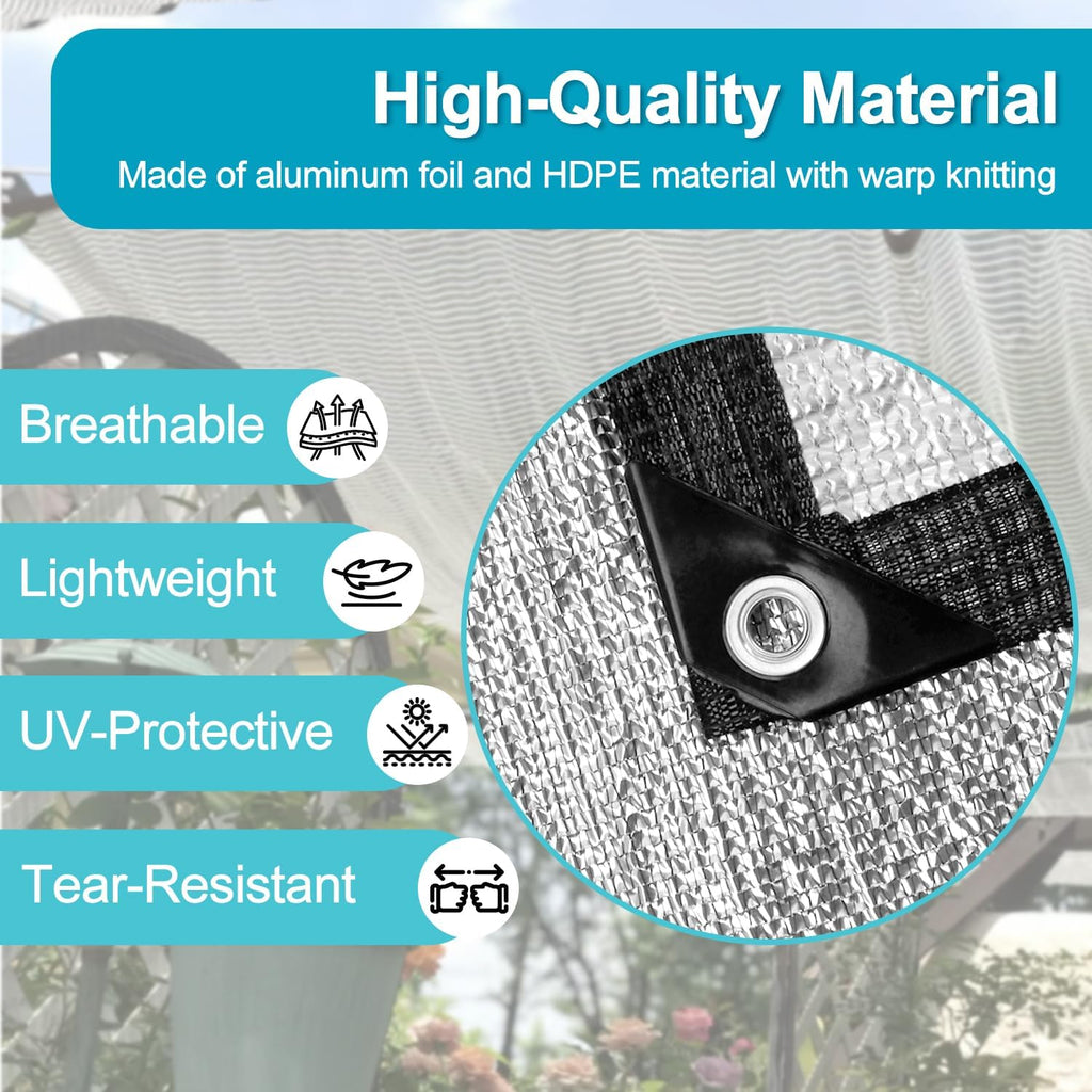 LOVE STORY 99% 10x20FT Aluminum Shade Cloth Reflective Sun Shade Cover Silver Tarp with Grommets for Car Garden Patio