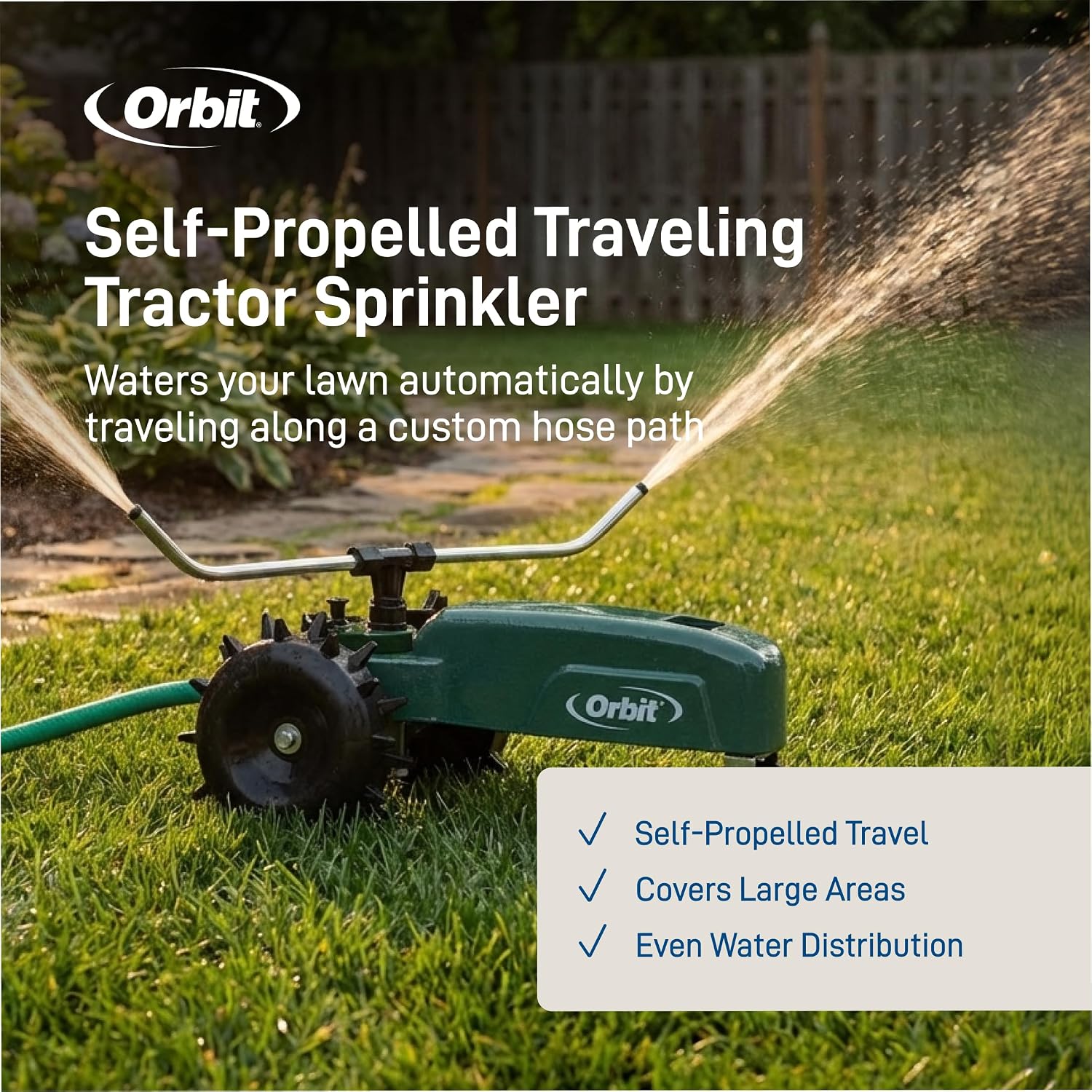 Orbit Traveling Tractor Water Sprinkler - Self-Propelled Traveling Sprinkler for Wide Lawn Coverage - Cast-Iron Body