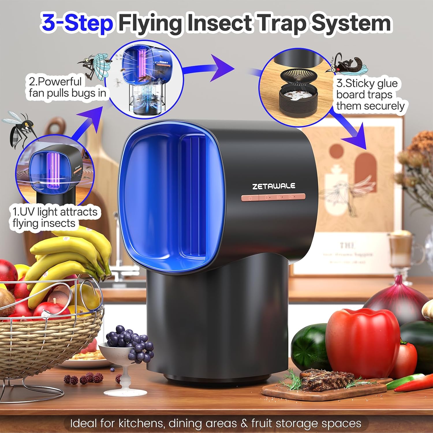 Fruit Fly Traps for Indoors, Gnat and Insects Catcher for House with UV Light, Heat Lure, Fan Suction, Ideal for