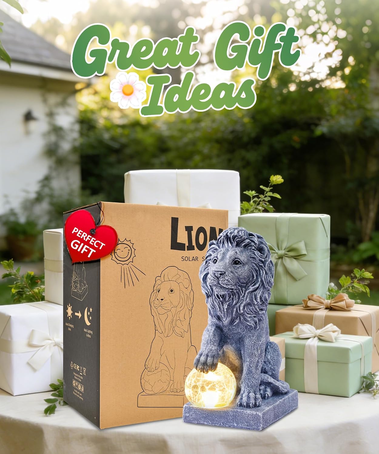Guardian Lion Outdoor Statues for Garden with Solar Ball (Grey) | 9.45in IP65 Waterproof,Outside Decor, Yard Art Lawn