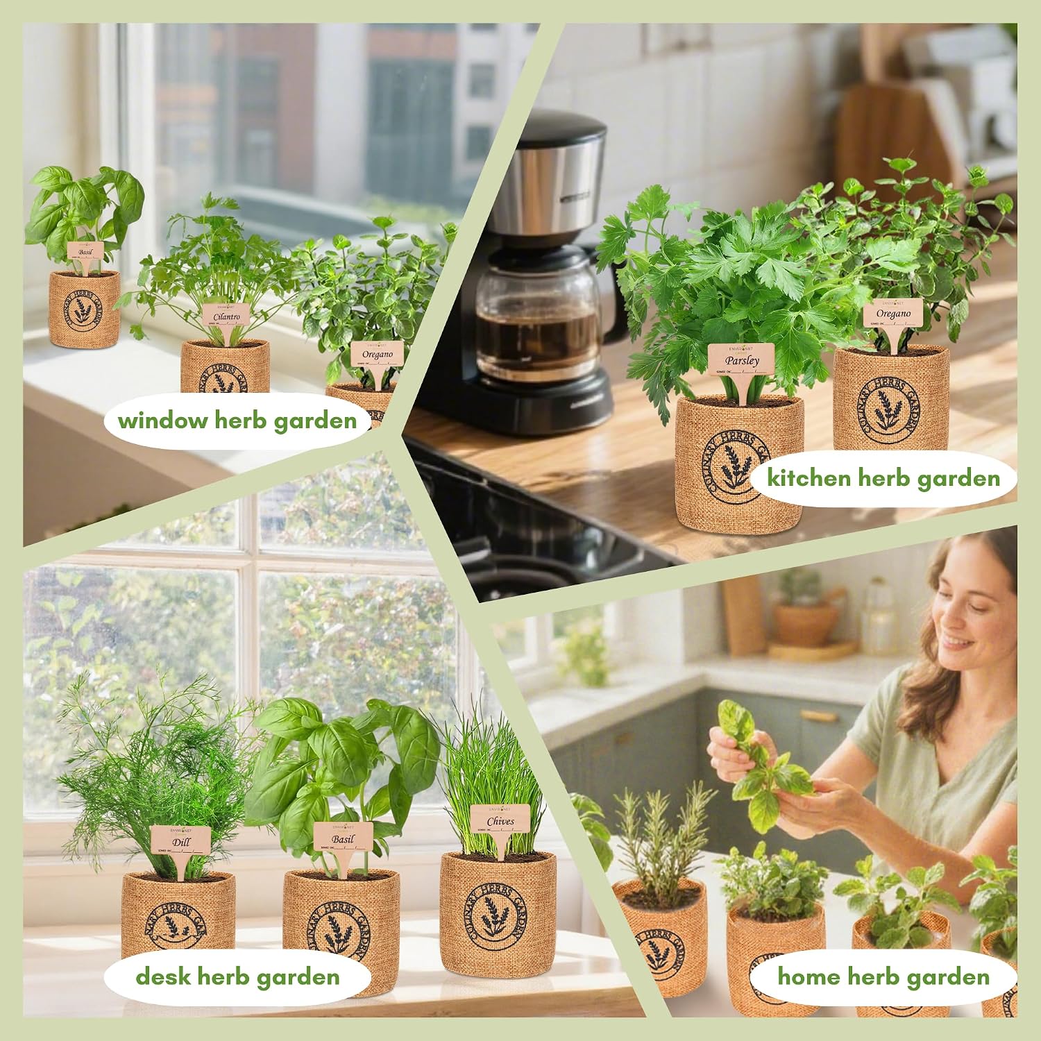 10 Indoor Herb Garden Kit- Burlap Pots, Organic Seeds, Herb Garden Planter Indoor Kit, Easy Window & Kitchen Herbs