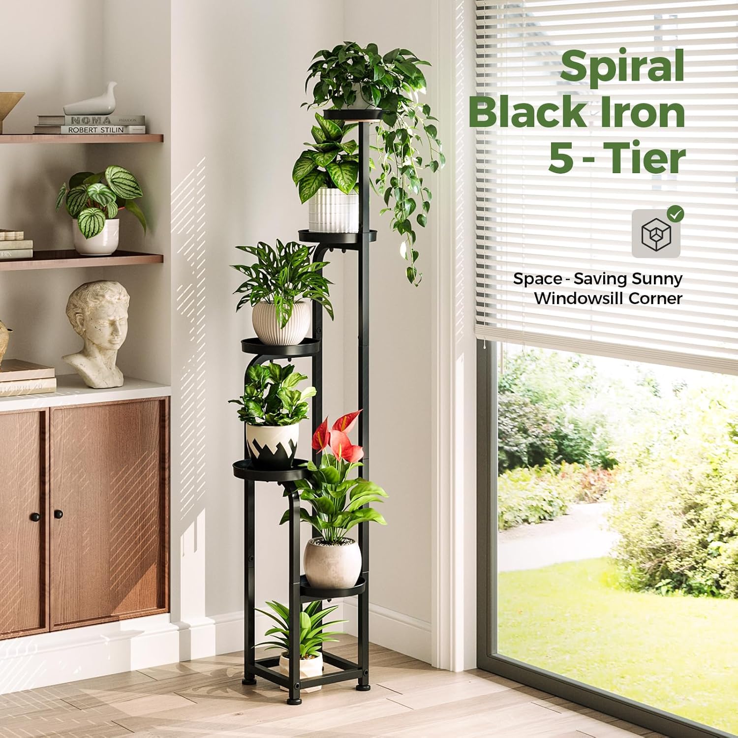 Bamworld Tall Plant Stand Indoor Outdoor Corner Metal Flower Pot Stands | 5 Tier Black Heavy Duty Plant Shelf for