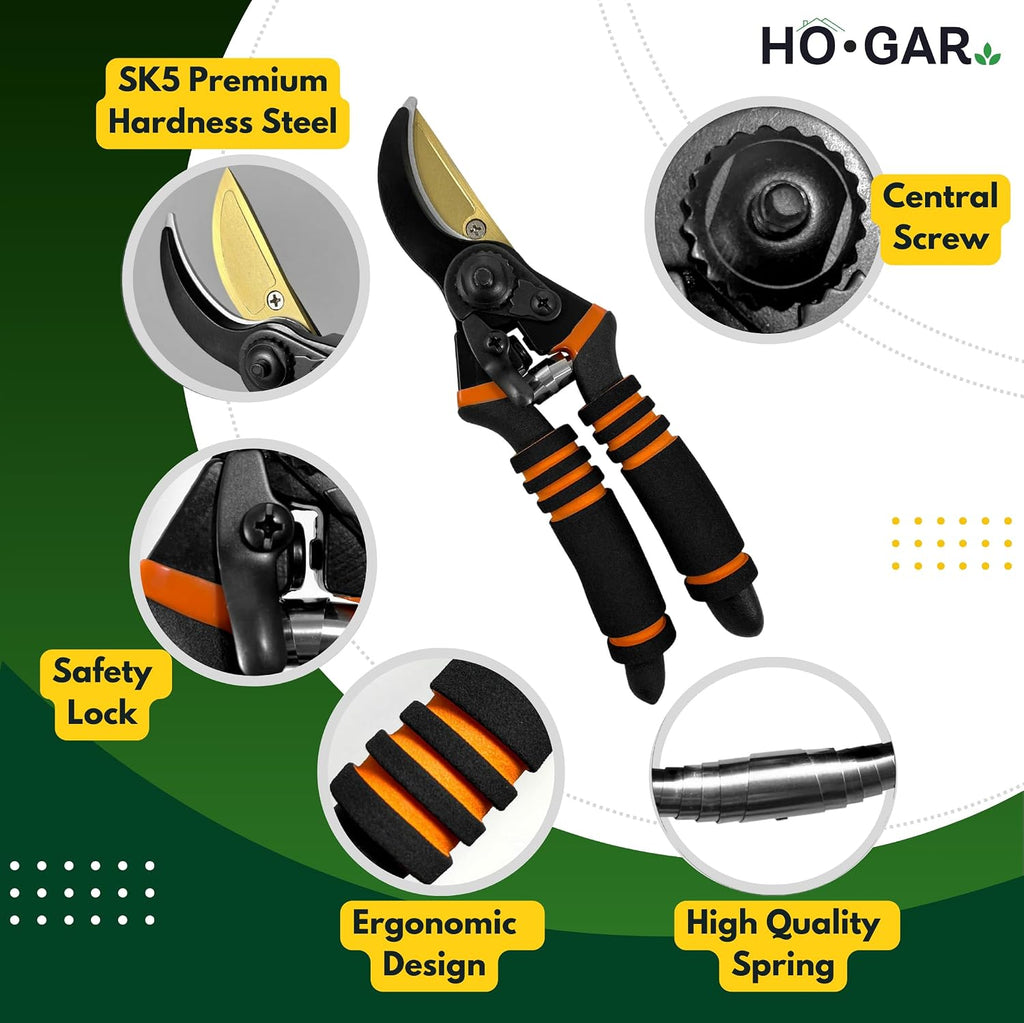 HO.GAR Premium Titanium Bypass Pruning Shears Kit: Heavy Duty Professional Hand Pruners, Gardening Scissors, Ergonomic
