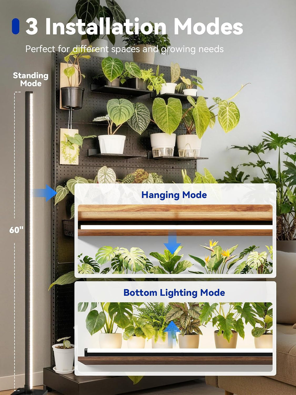 Vertical Grow Light for Indoor Plants, 60in LED Standing Lamp | 36W Full Spectrum Plant Lights with Auto Timer, 268