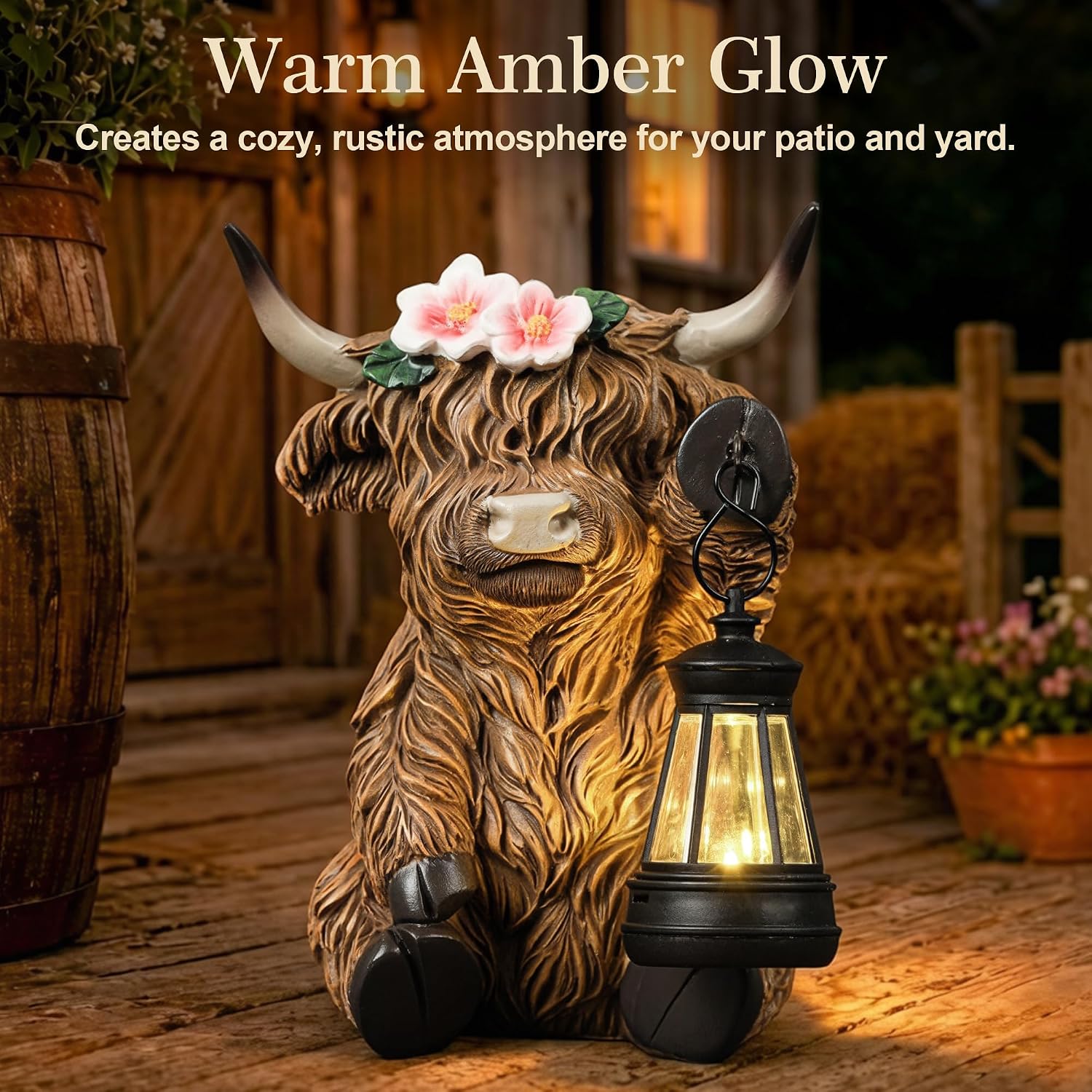 Solar Highland Cow Outdoor Garden Statue, Waterproof Resin Highland Cow Figurines with Lantern, Yard Animal Decorations