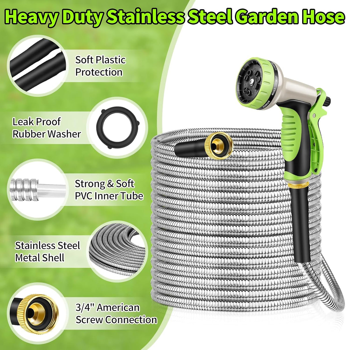 GOXAWEE 100FT Garden Hose, Stainless Steel Water Hose, 10 Function Nozzle | Heavy Duty Metal Water Hose (No-Kink, Tough