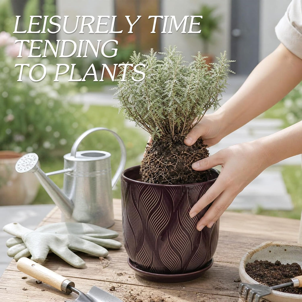 Ceramic Glaze Plant Pot Set 7.2+5.8 Inch Planter with Drainage Hole,Mesh Net,Saucer,for Indoor Outdoor (Leaf-Dark