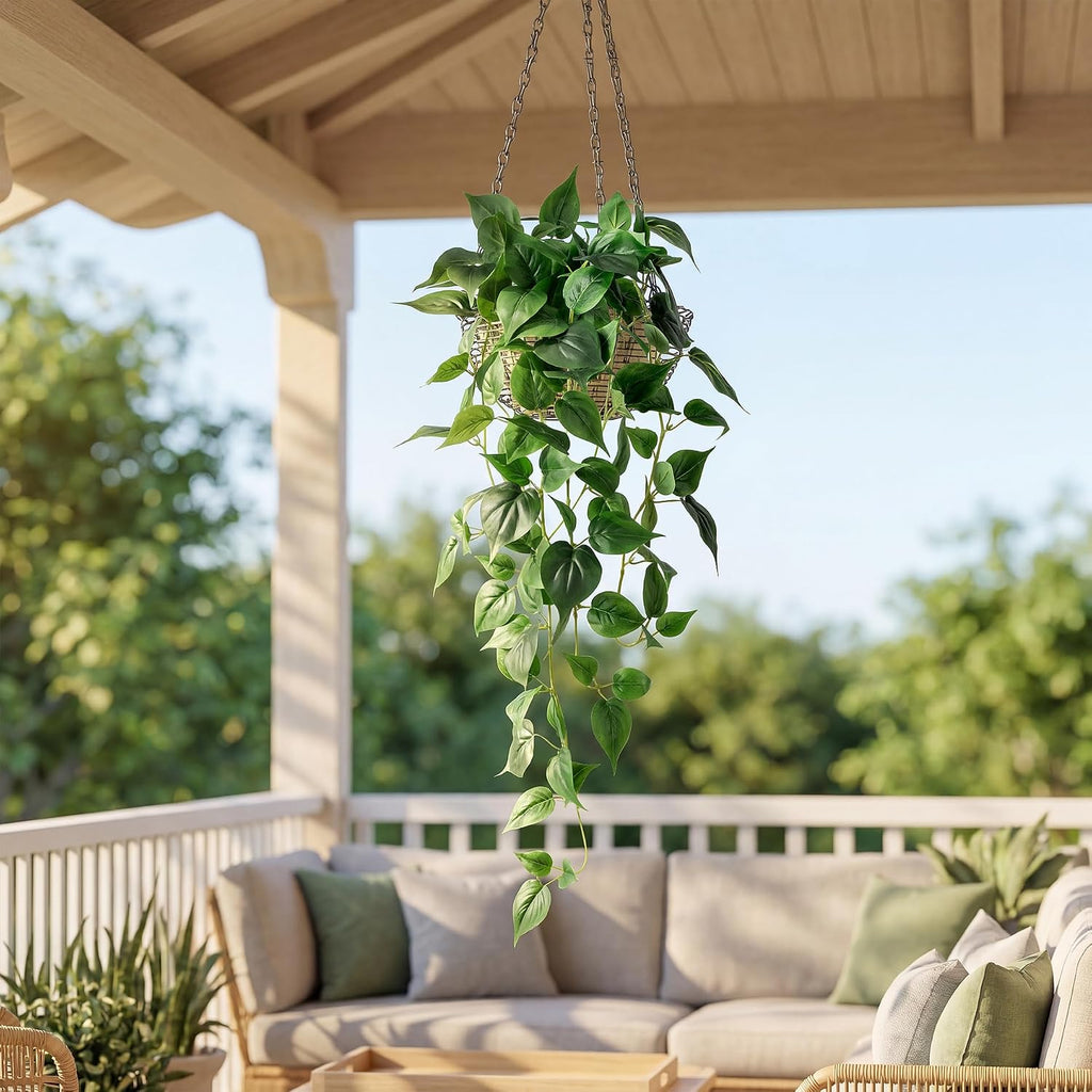 Fake Hanging Plants with Pots - Realistic Artificial Plant for Indoor Outdoor, 33In Silk Fake Potted Plants, 2PC Faux