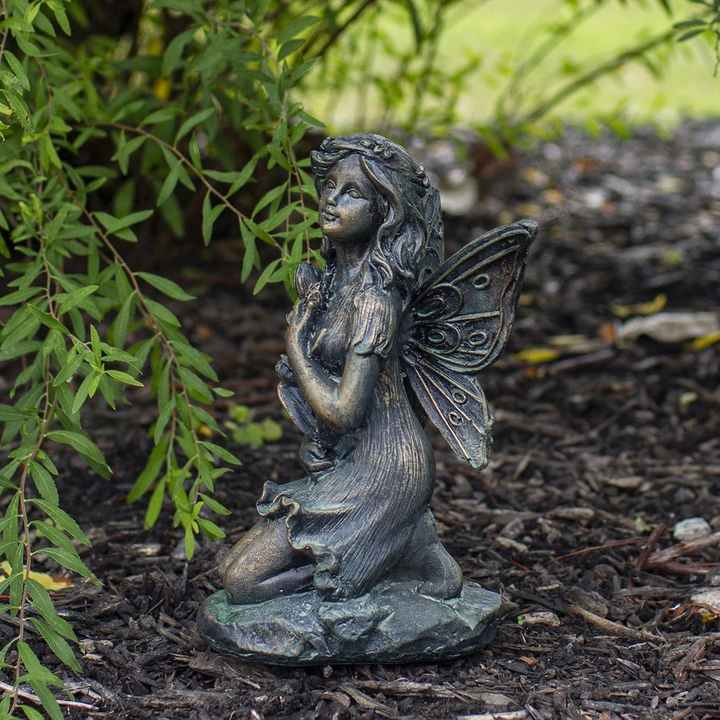 Northlight 2 Bronze Kneeling Fairies Flowers Butterfly Garden Statues 7"