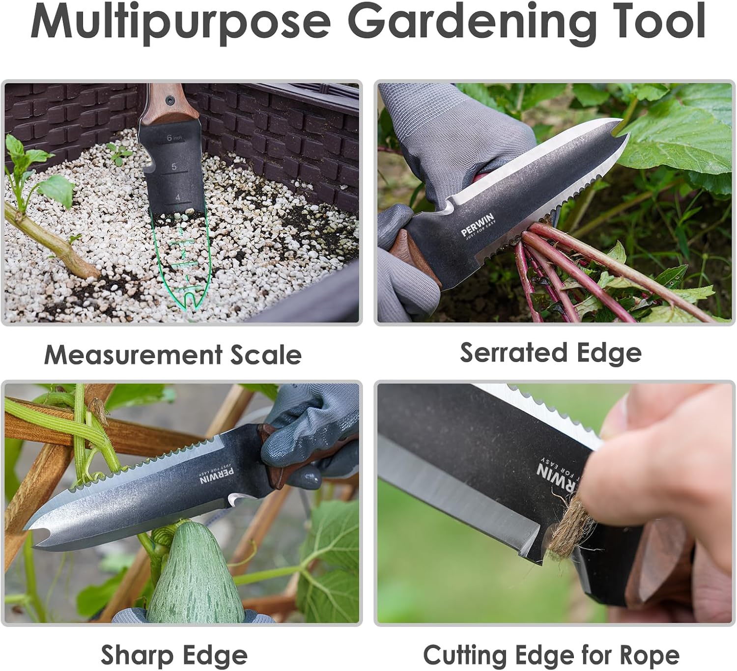 PERWIN Hori Hori Garden Knife, Garden Tools with Sheath for Weeding, Planting, Digging, 7" Stainless Steel Blade with