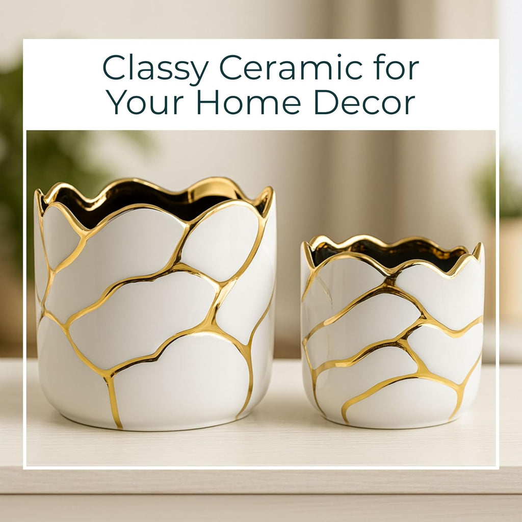 Set of 2 Plant Pots for Indoor Plants – Ceramic Planters with Gold Accents, Decorative Pots for Home Decor, Modern