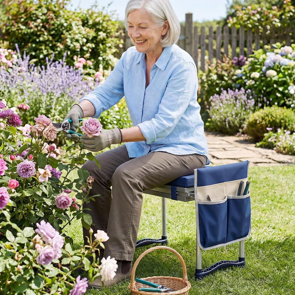GIANTEX Garden Kneeler & Seat, Heavy-Duty Garden Bench, Navy with 1 Bag | Portable Bench with Widen EVA Foam Pad, Holds