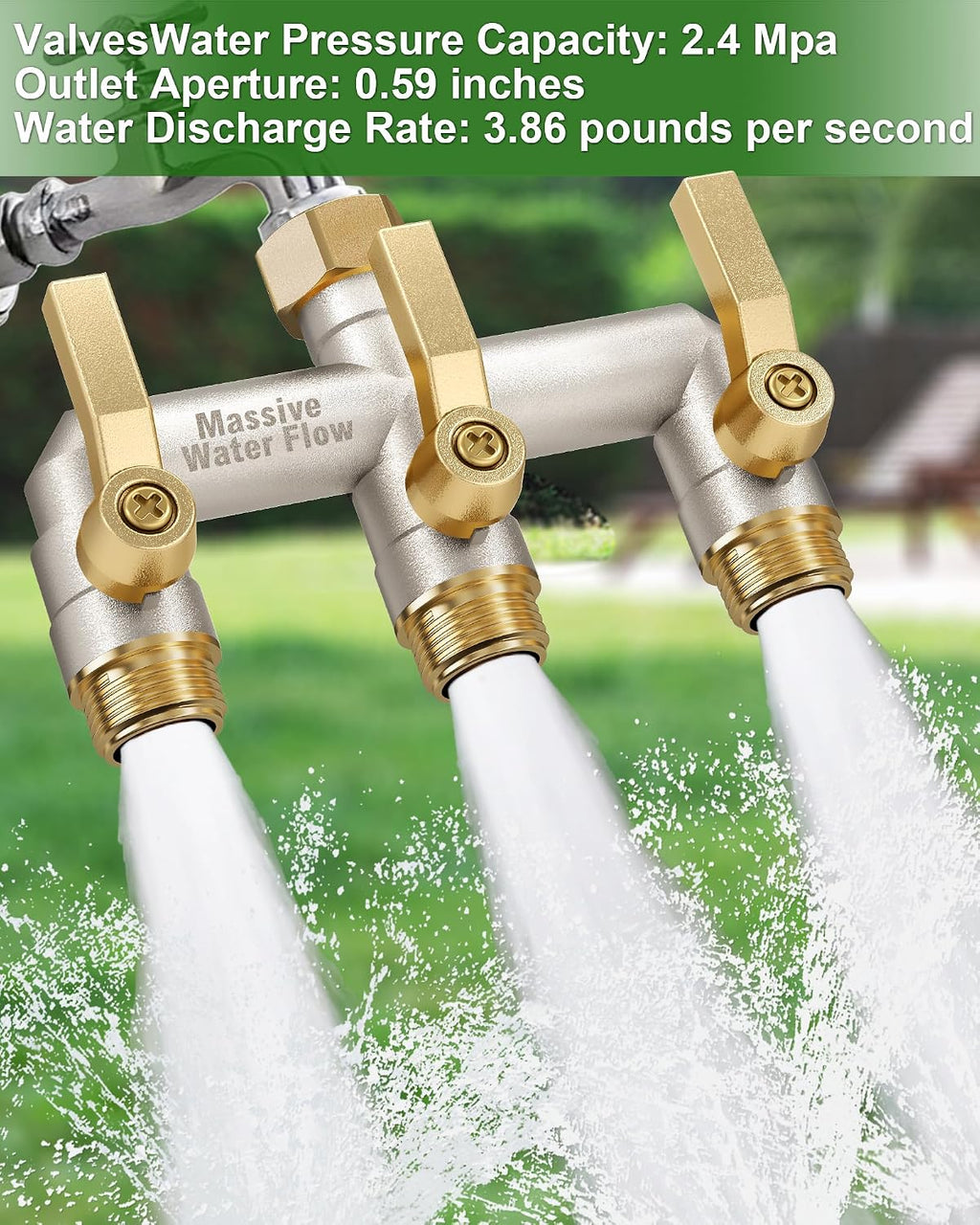 Garden Hose Splitter, 3 Way Hose Splitter Heavy Duty Full Flow Solid Brass Nickel Plated Spigot Splitter Valve with