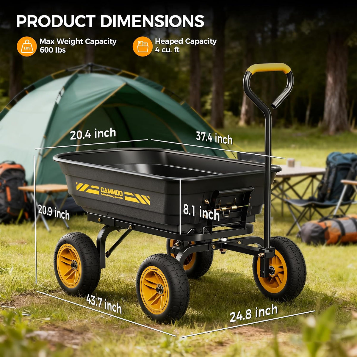 CAMMOO 10 Inch No-Flat Tires 600 lb Garden Dump Cart Wheelbarrow | Quick-Release Dump Bed and 4 Cu.Ft. Tub Move Mulch