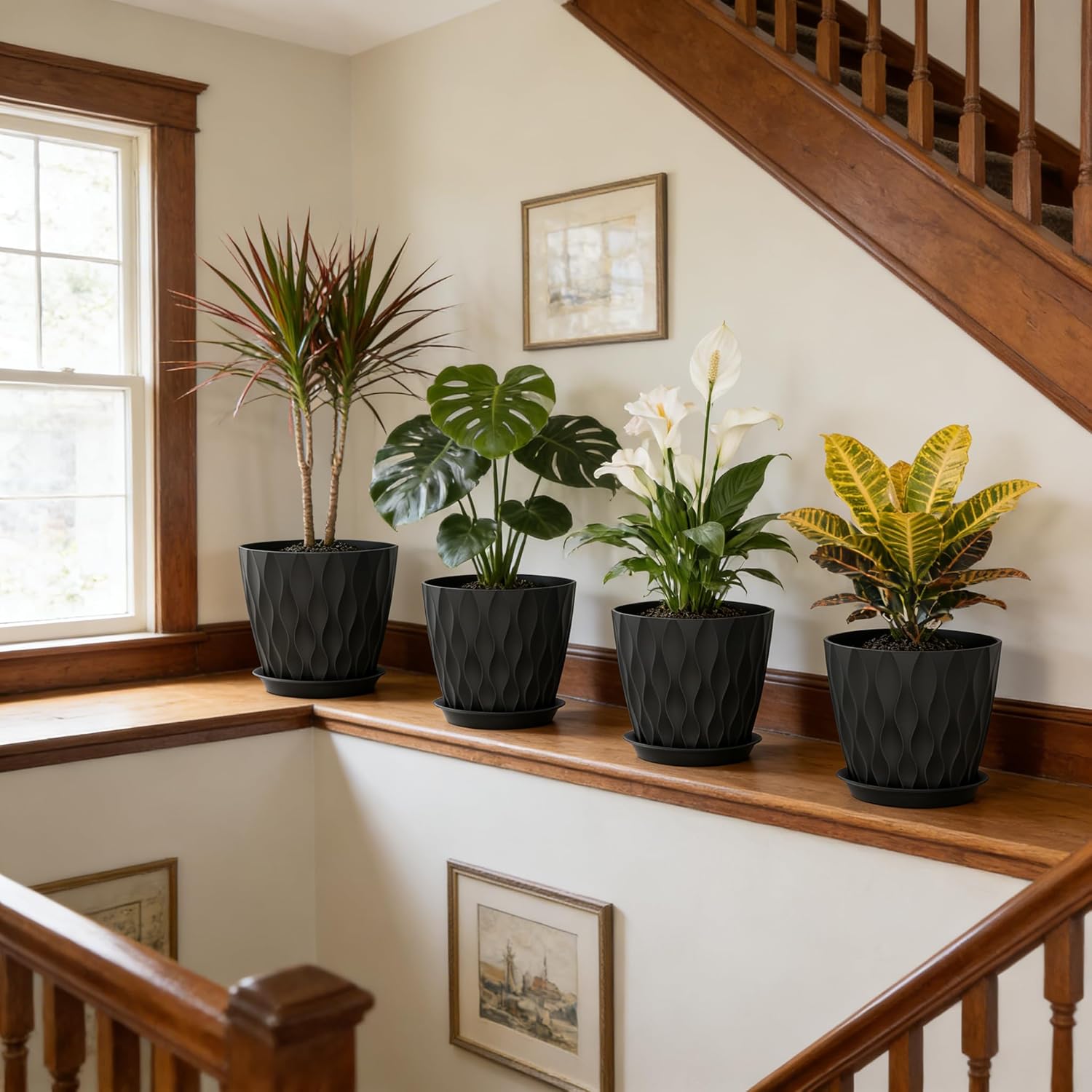 UOUZ 8 Inch Plant Pots, 4 Pack Plastic Planters for Indoor Outdoor with Drainage Holes & Saucers, Waffle Texture Flower