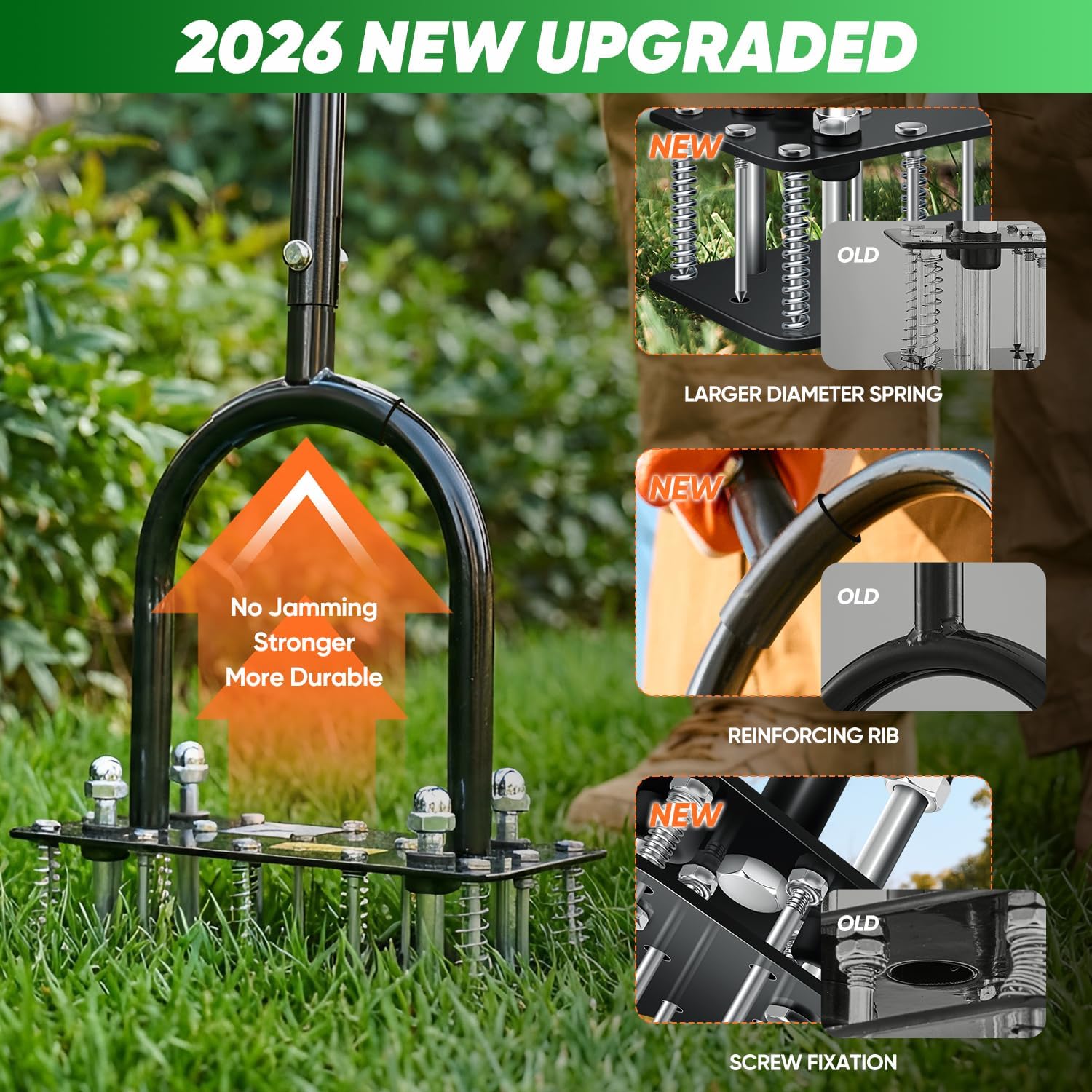 Saker Manual Lawn Aerator Tool with 15 Iron Spikes Black | Double-Layer Soil-Ejecting Spring, Adjustable