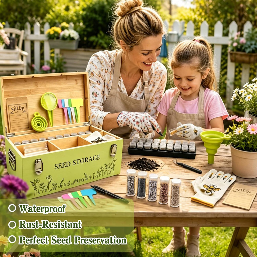Fayoo Wooden Seed Storage Organizer Box with 40 Seed Vials & 20 Envelopes, Rustic Seed Saving Kit for Vegetable, Flower