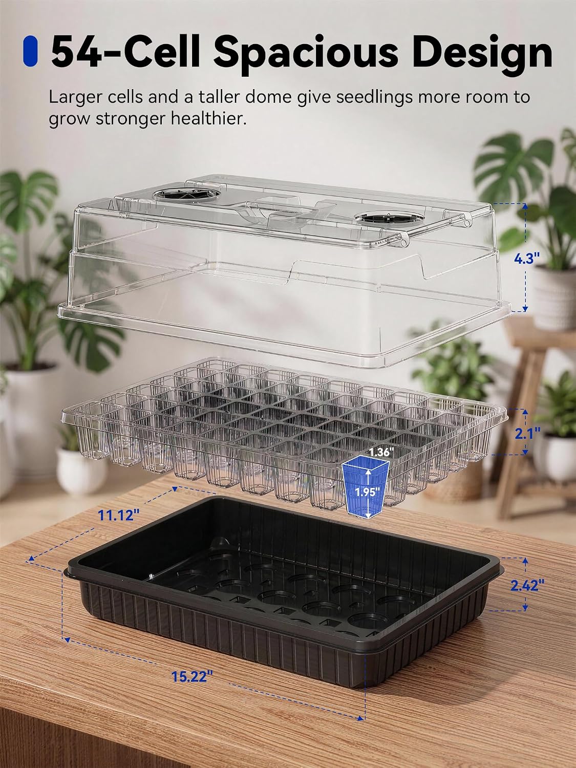Seed Starter Tray with Grow Lights, 54-Cell Plant Germination | 4.3" Humidity Dome, Indoor Seedling Starter Tray with