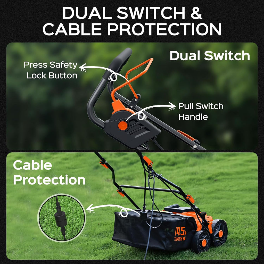 TIECTOWN 16-Inch 15.5 Amp 2-in-1 Electric Dethatcher and Scarifier with 14.5-Gallon Collection Bag, Lawn Dethatcher