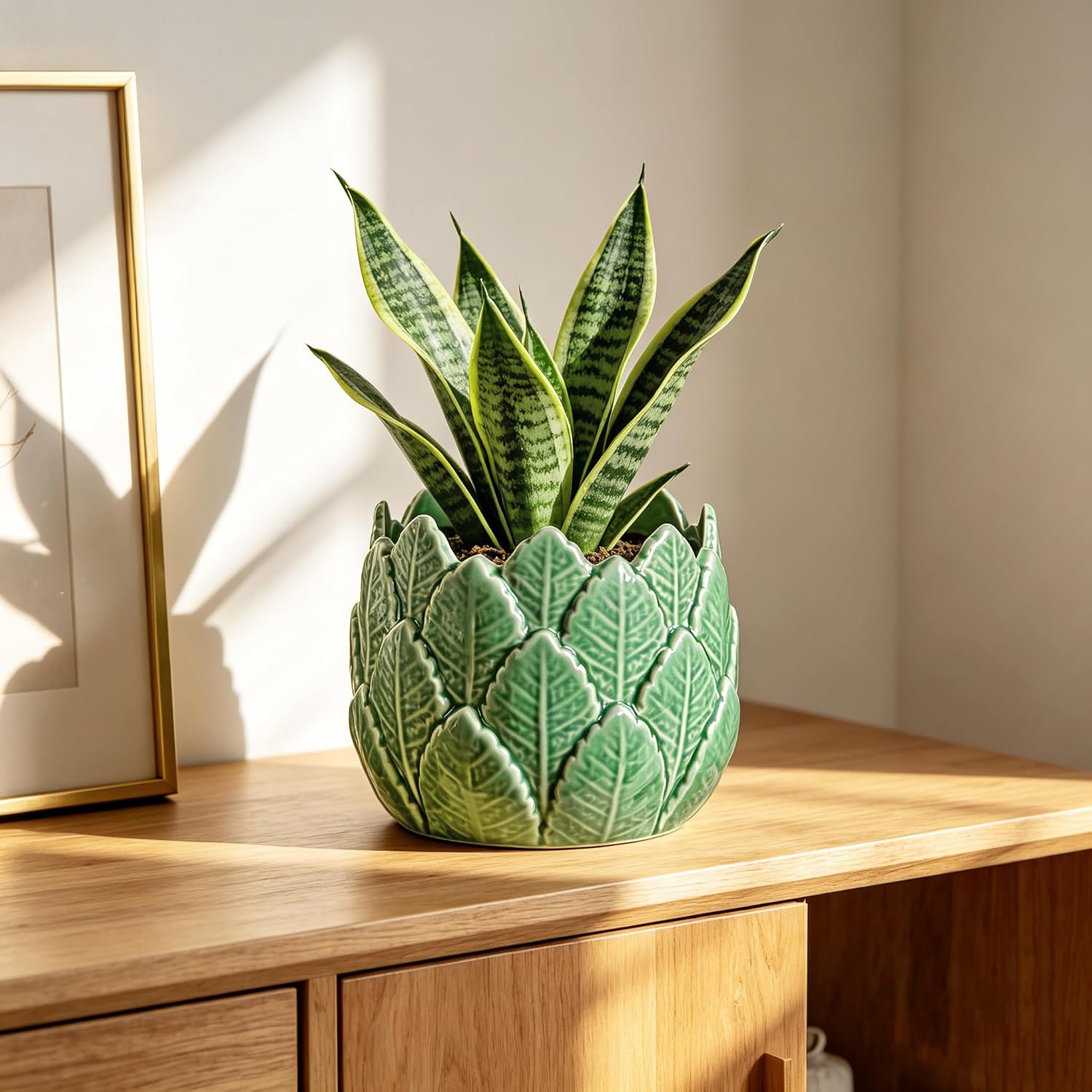 Hollyone 6 inch Ceramic Planter Pot Leaf with Drainage Hole Glazed Ceramic Planter Garden Embossed Botanical Design