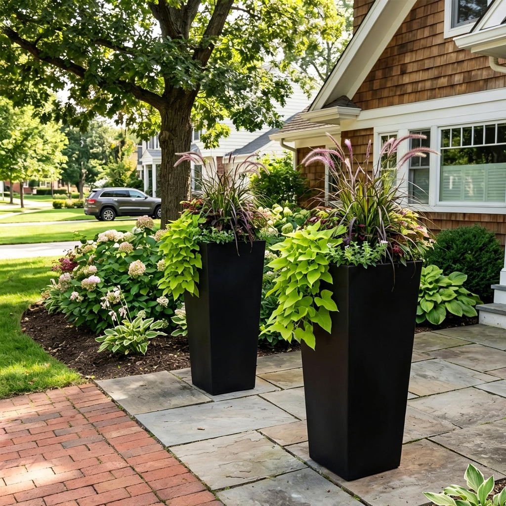 GreenShip 27" Tall Planters for Outdoor Indoor, Set of 2 with Drainage | Black Planter,Large Flower Pots, Drainage &