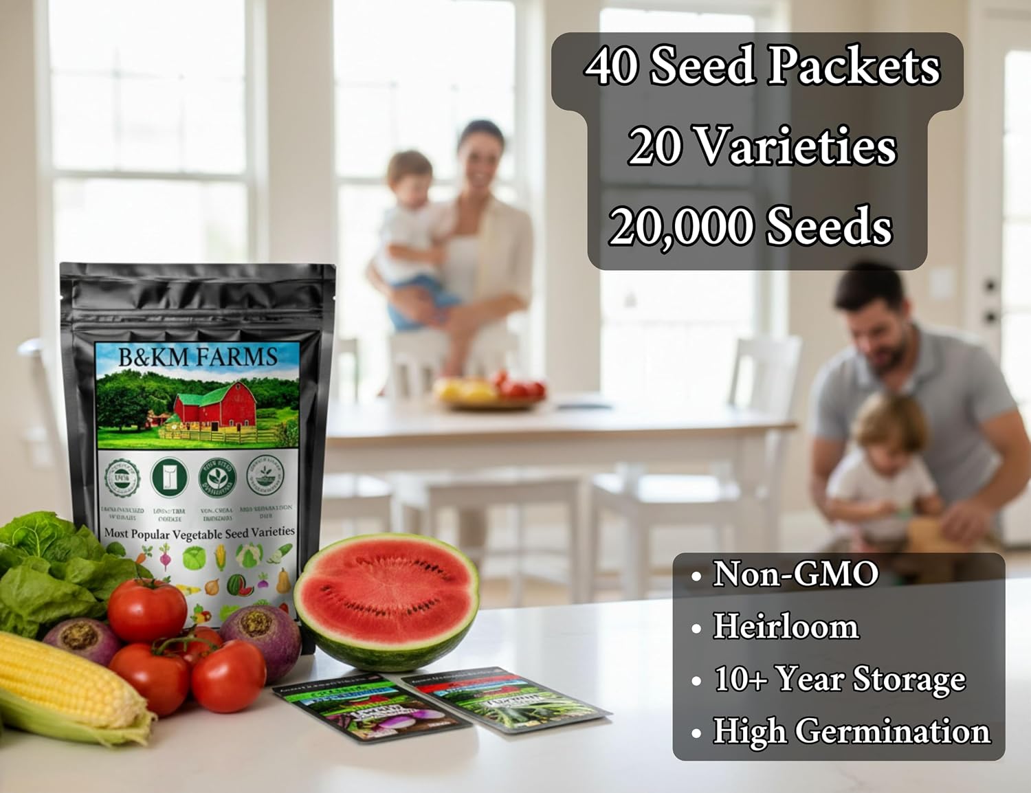 B&KM Farms Heirloom Vegetable Seeds Variety Pack – 20 Varieties, 40 Packets, 20,000+ Non-GMO Seeds – Water-Resistant