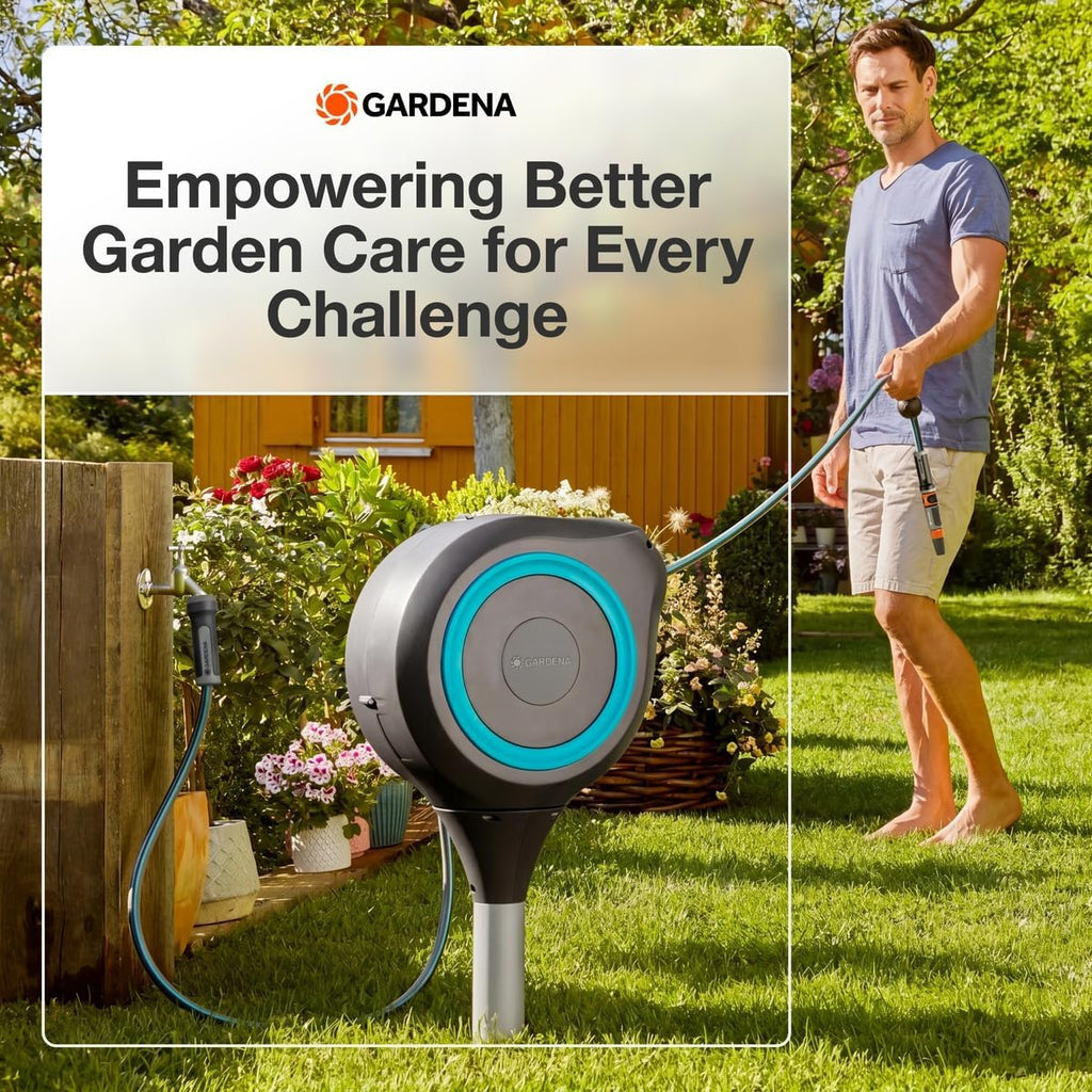 GARDENA Automatic Retractable Garden Hose Reel - 66 Feet - 360 Degree Swivel Outdoor Hose Reel with Metal Spike Base
