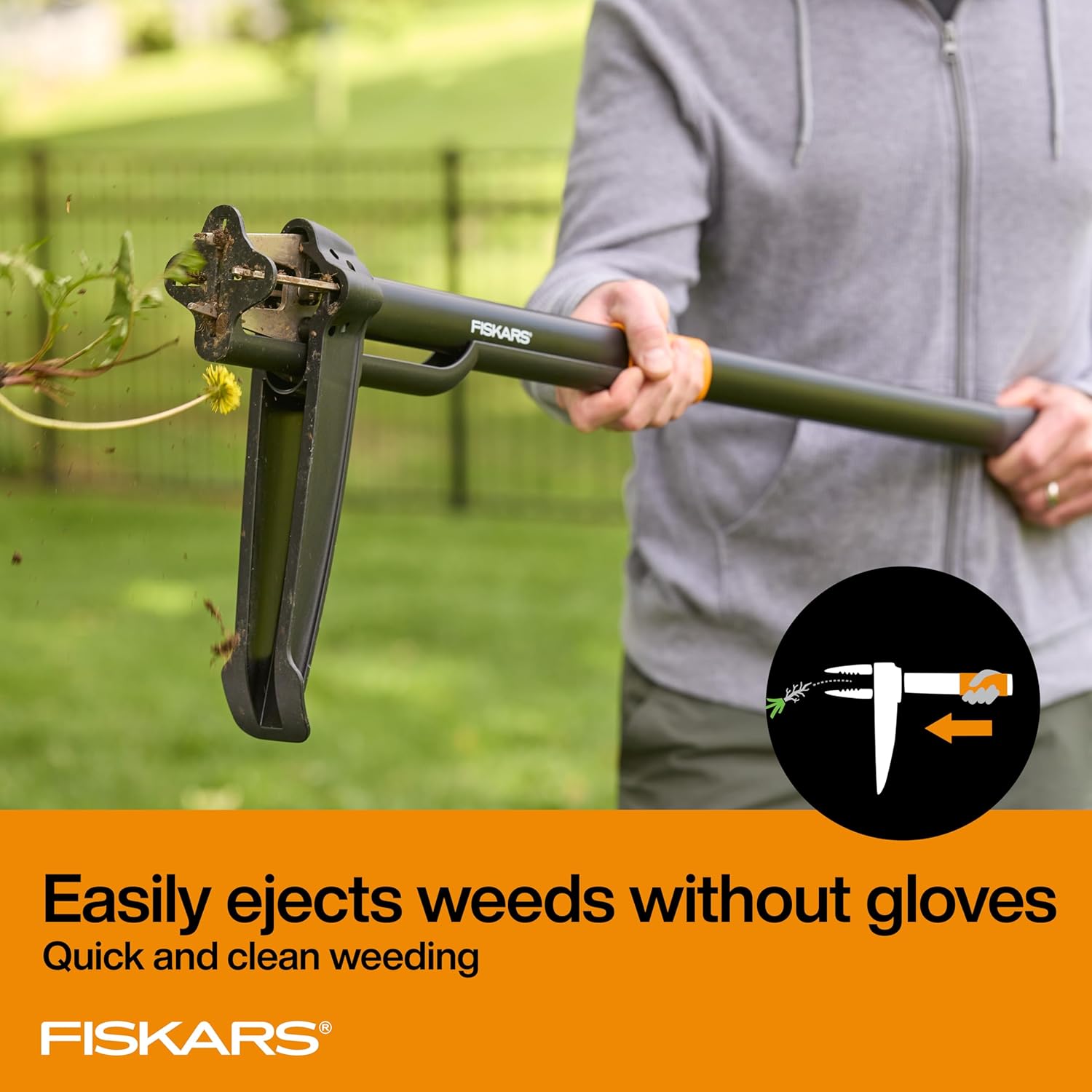 Fiskars Deluxe Stand-Up Weed Puller Tool, 4 Serrated Stainless Steel Claws | Claws Grip Dandelion Roots & More for
