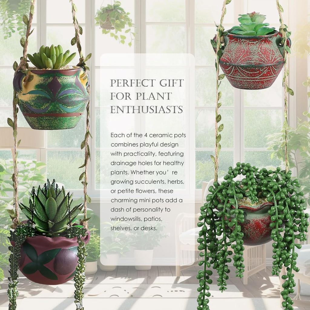 4 Piece Boho Ceramic Hanging Planters with Drainage Holes – Adorable Indoor Outdoor Succulent Flower Pots, Unique Home