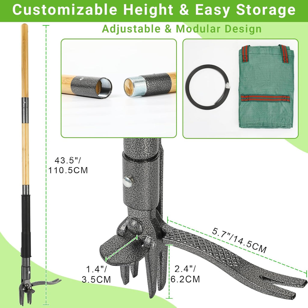 Weed Puller Tool for Garden Lawn Yard, 43.5" | Includes 16 Gallon Leaf Bag, Dual-Eject Mechanism, 4-Claw Steel Head