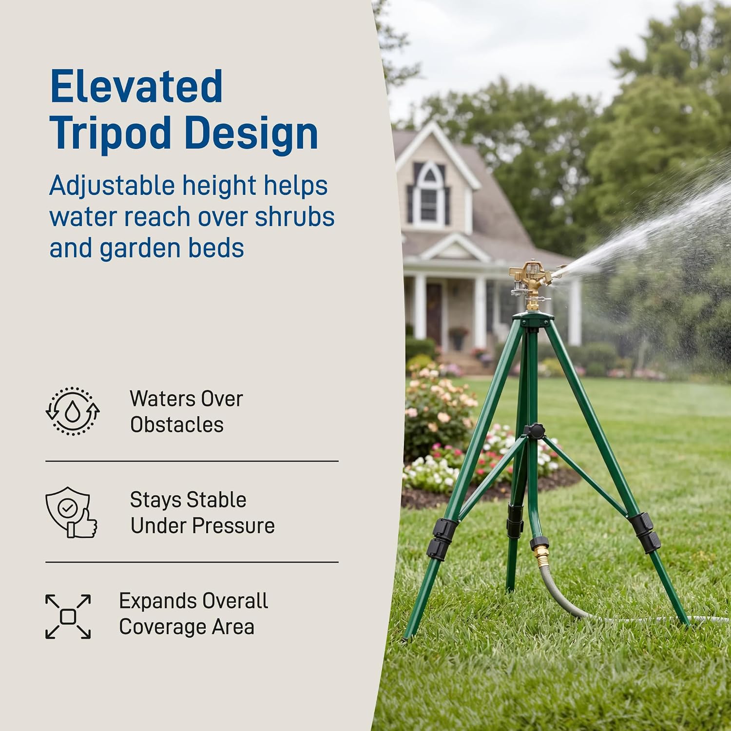 Orbit 1/2 Inch Brass Impact Sprinkler - Adjustable Metal Tripod - Long Range Lawn Watering System - 360 Degree Rotating
