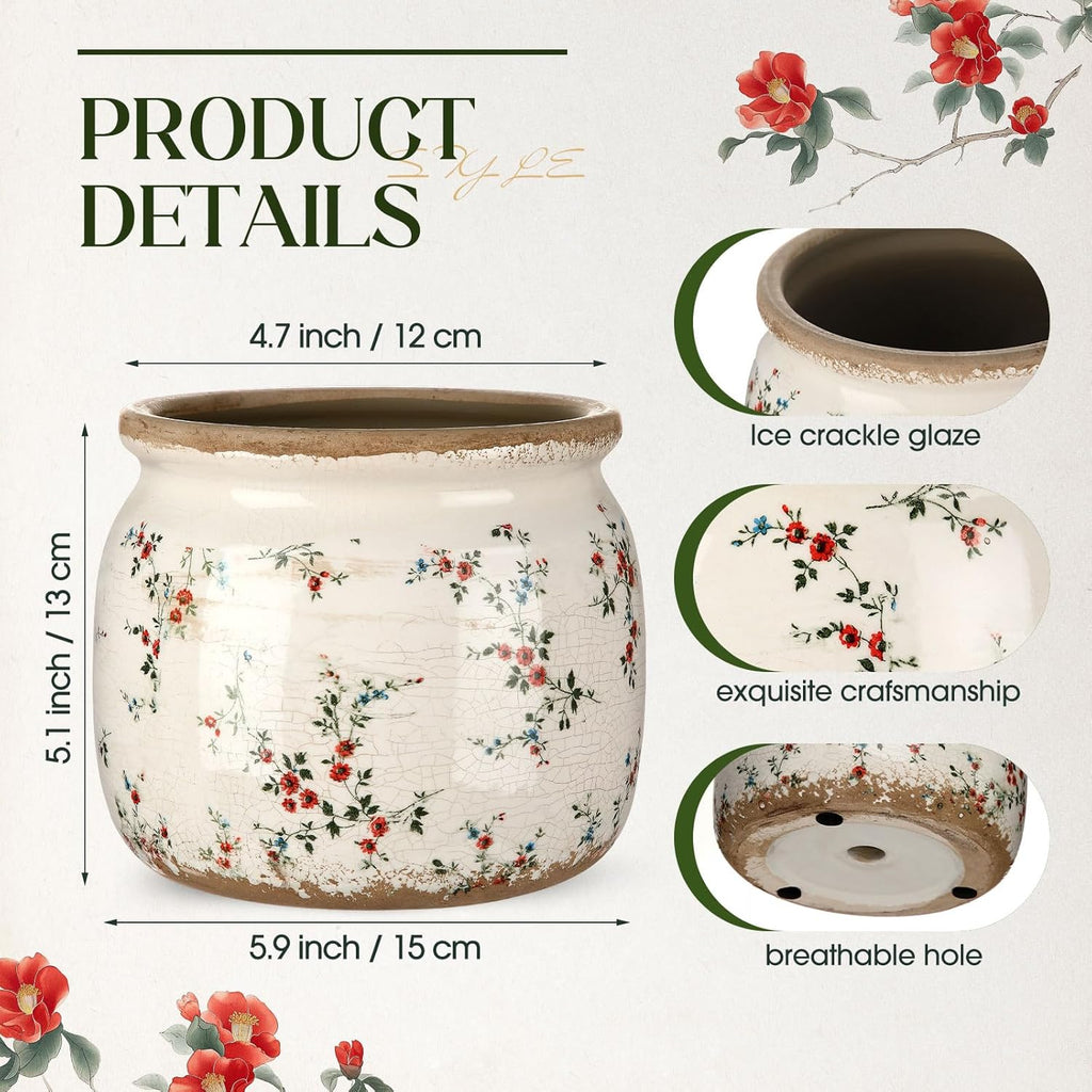 Vintage Planter Large Ceramic Plants Pot Beige Red Floral Pot | Ice Crack Glaze Scroll Flower Pot with Drainage, Rustic