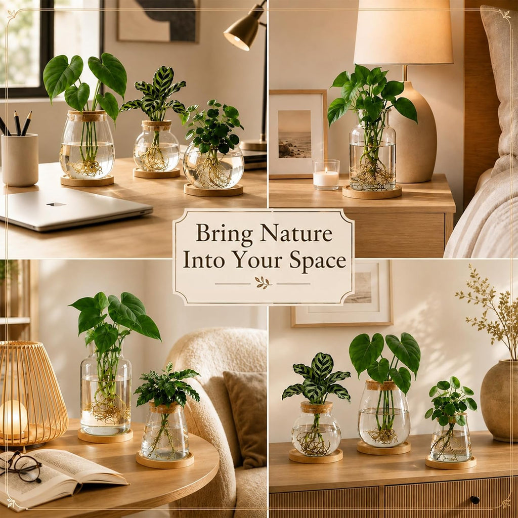 6 Pcs Plant Propagation Station Set, Glass Propagation Vases with Wooden Lids and Bamboo Bases, Plant Propagation Jars