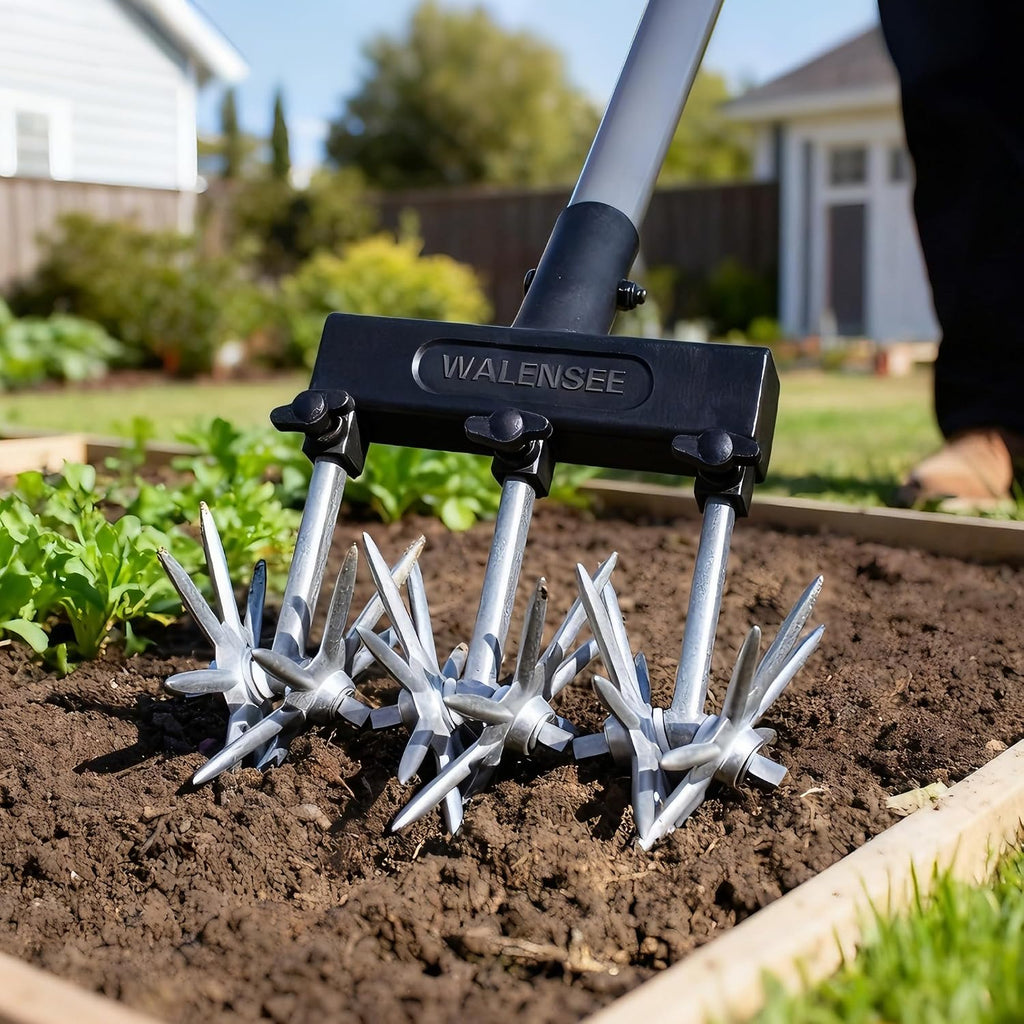 Walensee Rotary Cultivator, Hand Tiller for Soil Mixing or Reseeding | Star-Shaped Rotating Tines Break Up Soil Clods